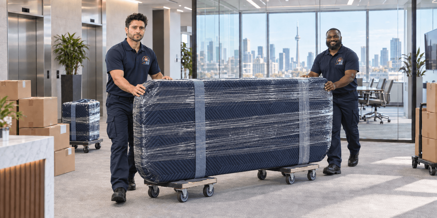 ASR movers rolling a fully wrapped disassembled conference tabletop upright on furniture dollies