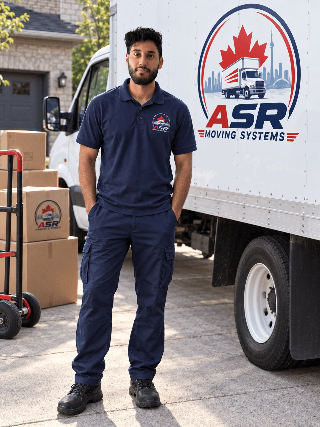 ASR house mover standing beside a branded moving truck and moving equipment
