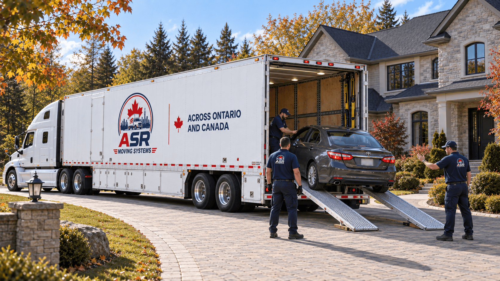 ASR crew loading a vehicle into a long-distance moving trailer at a home