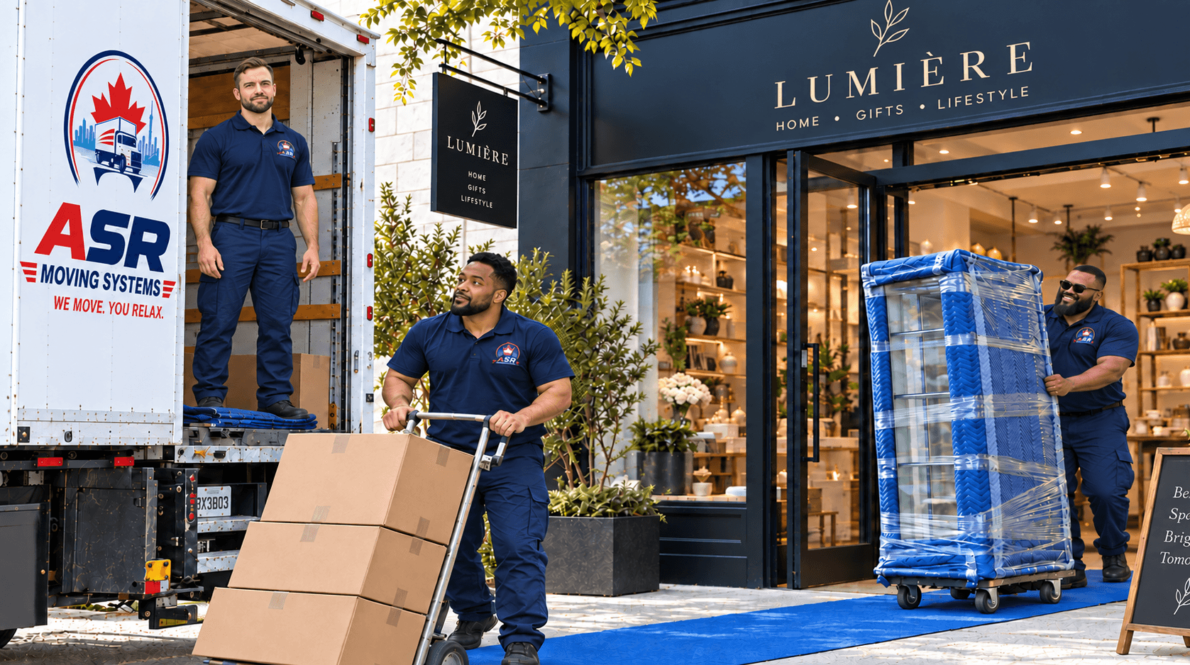 ASR retail moving crew relocating boxes and a protected display fixture outside a boutique