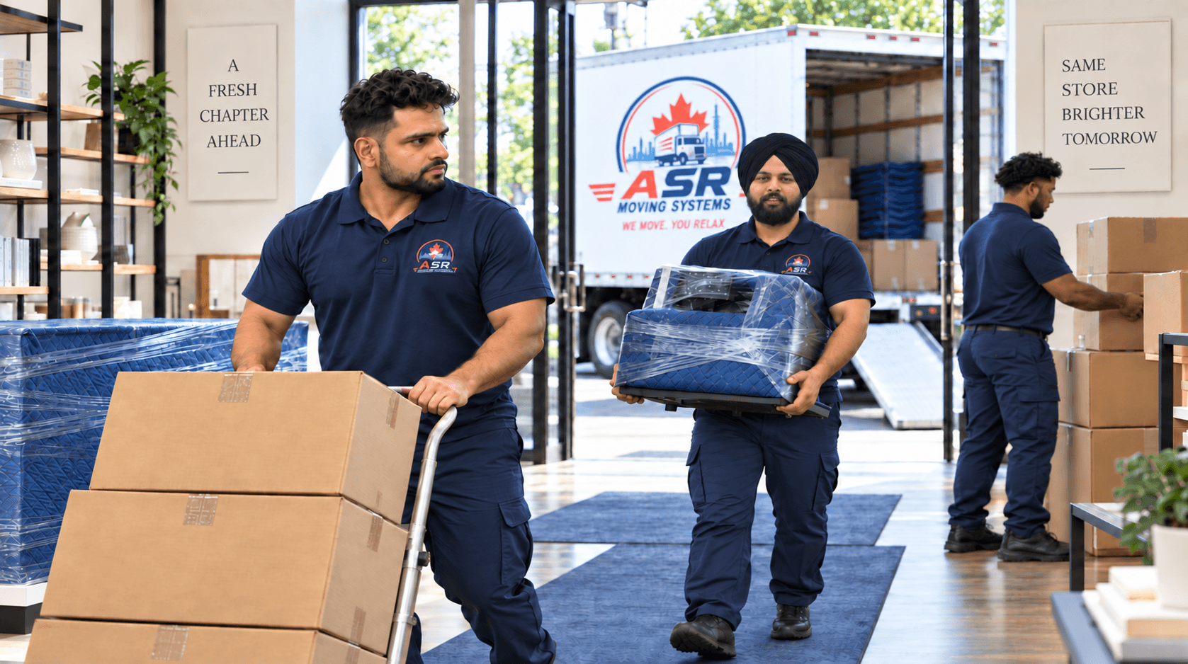 ASR retail moving crew bringing protected merchandise and boxes through a storefront