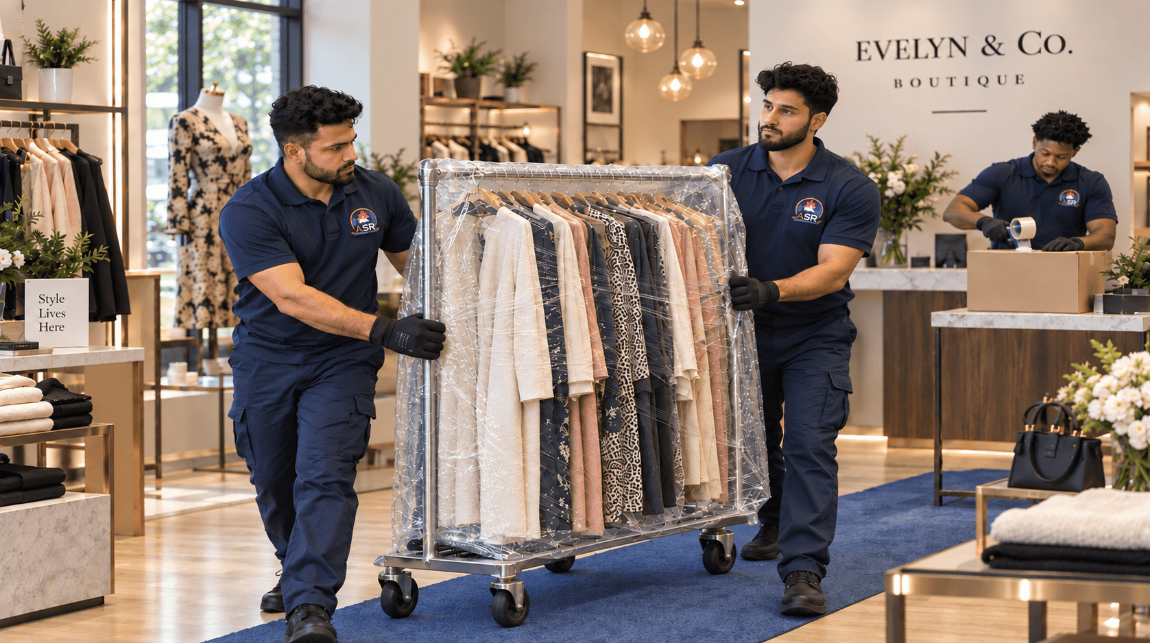 ASR movers transporting a protected clothing rack through a boutique