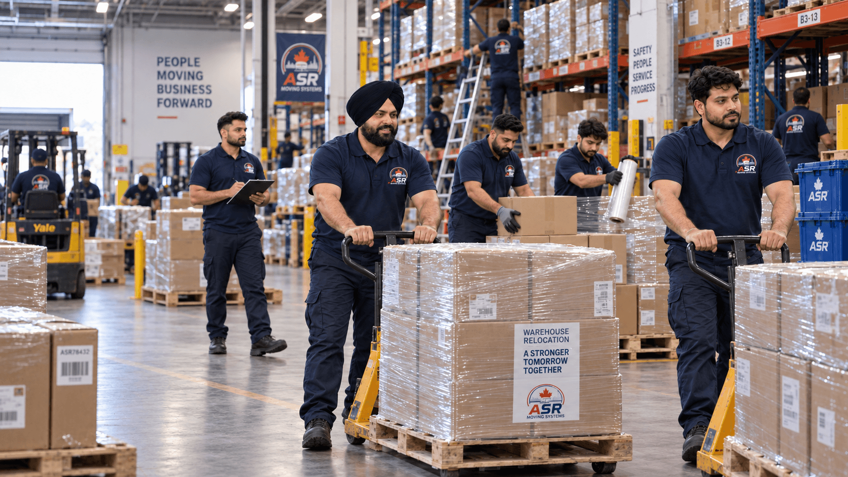 ASR warehouse moving crew coordinating wrapped pallets and inventory