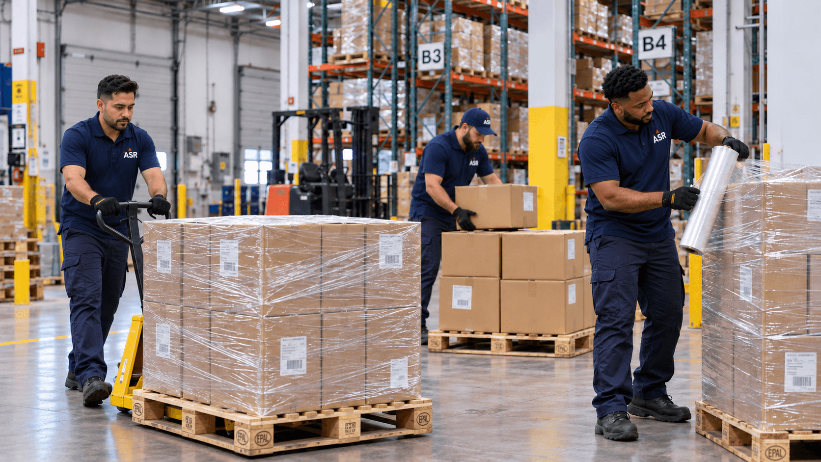 ASR warehouse movers wrapping and transporting palletized inventory