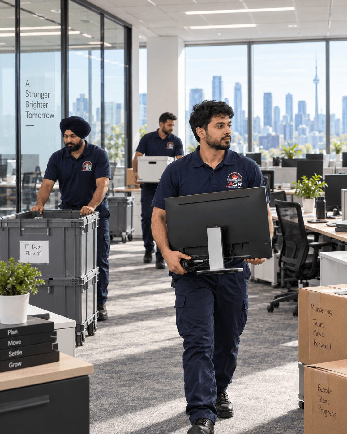 ASR movers in uniform relocating office equipment